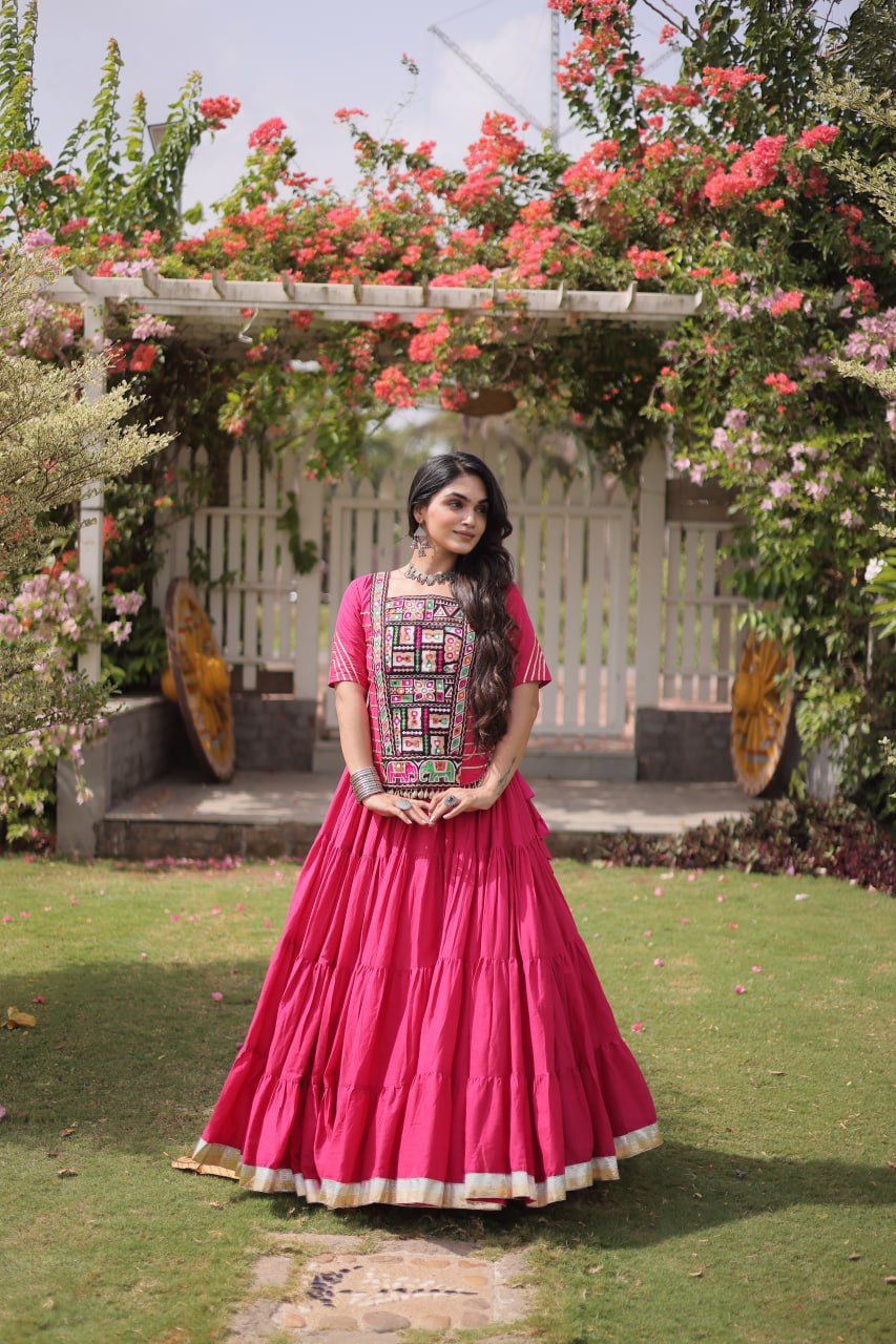 Pink Kora Cotton Lehenga with Kutchi Work