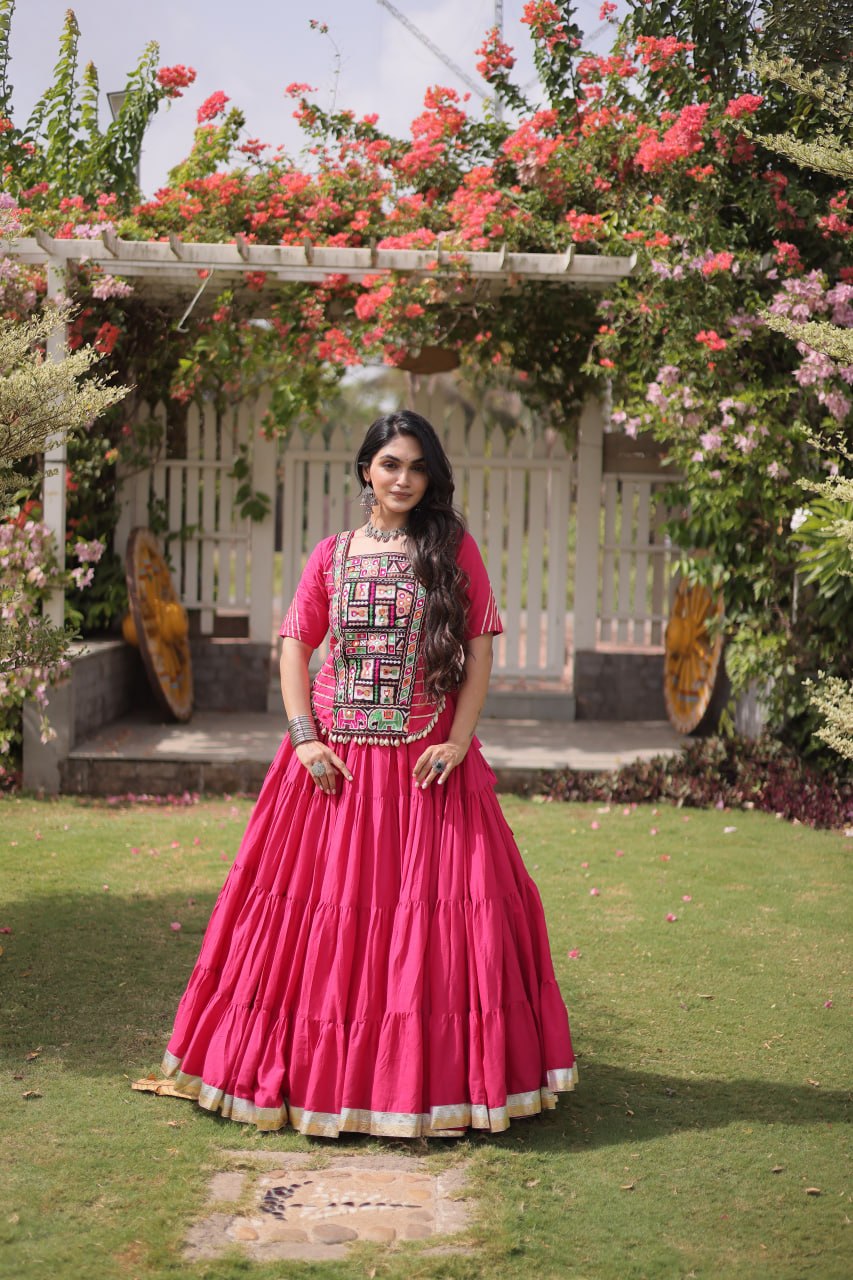 Pink Kora Cotton Lehenga with Kutchi Work
