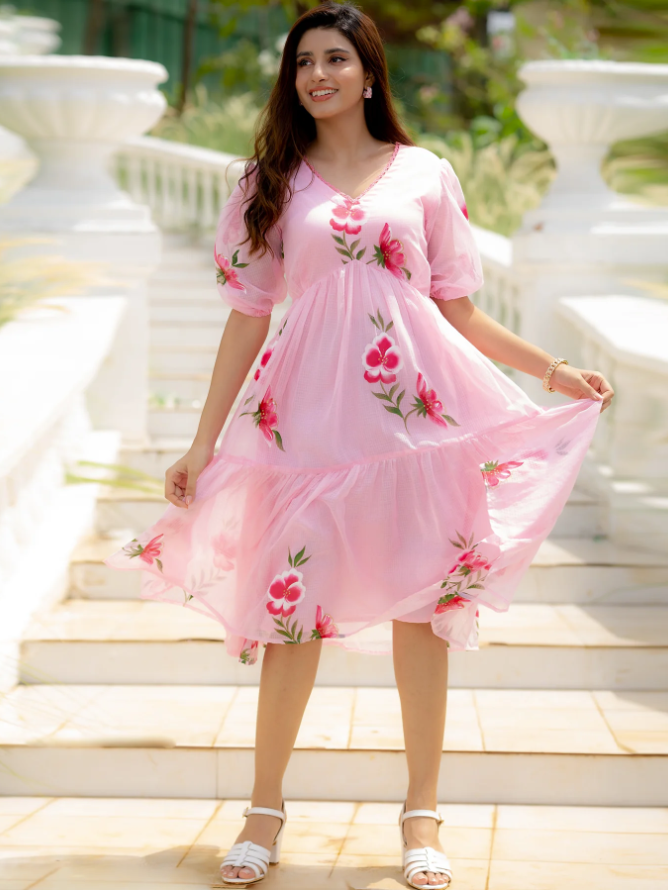 Pink Kota Checks Digital Print Full Round Flair kurti with inner
