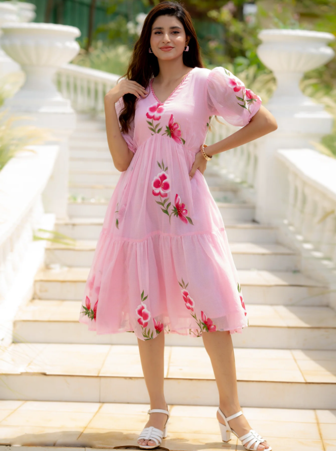 Pink Kota Checks Digital Print Full Round Flair kurti with inner