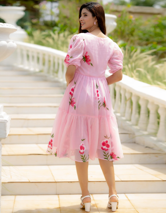 Pink Kota Checks Digital Print Full Round Flair kurti with inner