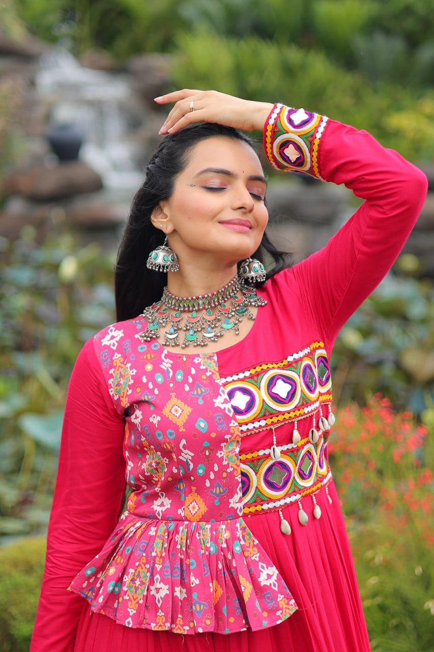 Pink Kutchi Gamthi Embroidered Rayon Frill Gown – 14 Kg Rayon, 12 Meter Flair, Fully Stitched with Cotton Lining