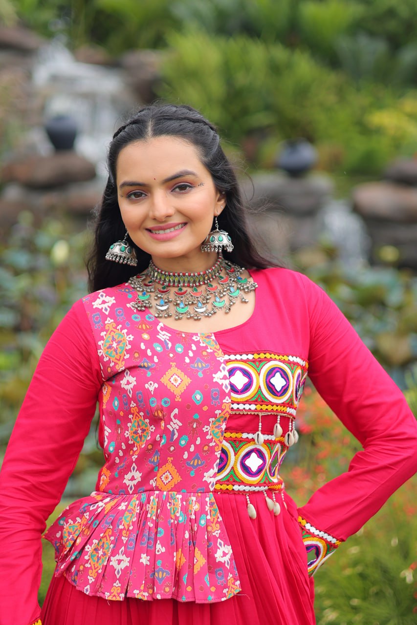 Pink Kutchi Gamthi Embroidered Rayon Frill Gown – 14 Kg Rayon, 12 Meter Flair, Fully Stitched with Cotton Lining