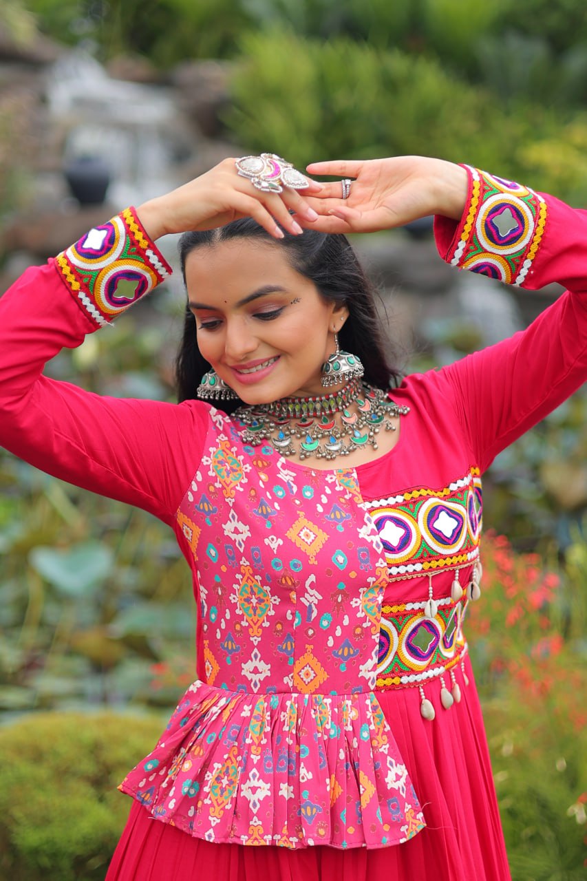 Pink Kutchi Gamthi Embroidered Rayon Frill Gown – 14 Kg Rayon, 12 Meter Flair, Fully Stitched with Cotton Lining