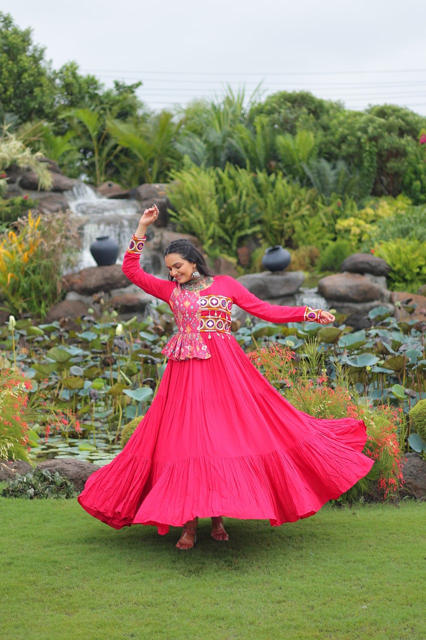 Pink Kutchi Gamthi Embroidered Rayon Frill Gown – 14 Kg Rayon, 12 Meter Flair, Fully Stitched with Cotton Lining
