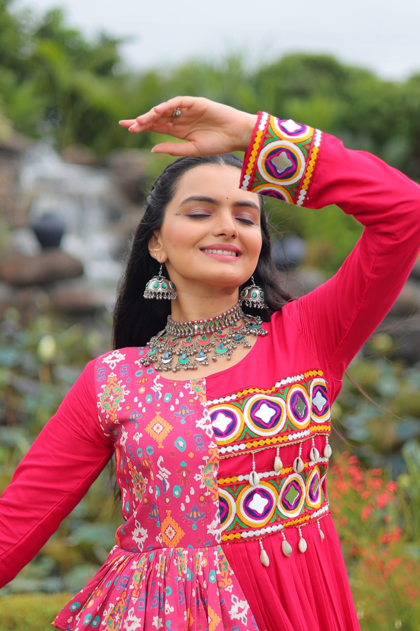 Pink Kutchi Gamthi Embroidered Rayon Frill Gown – 14 Kg Rayon, 12 Meter Flair, Fully Stitched with Cotton Lining