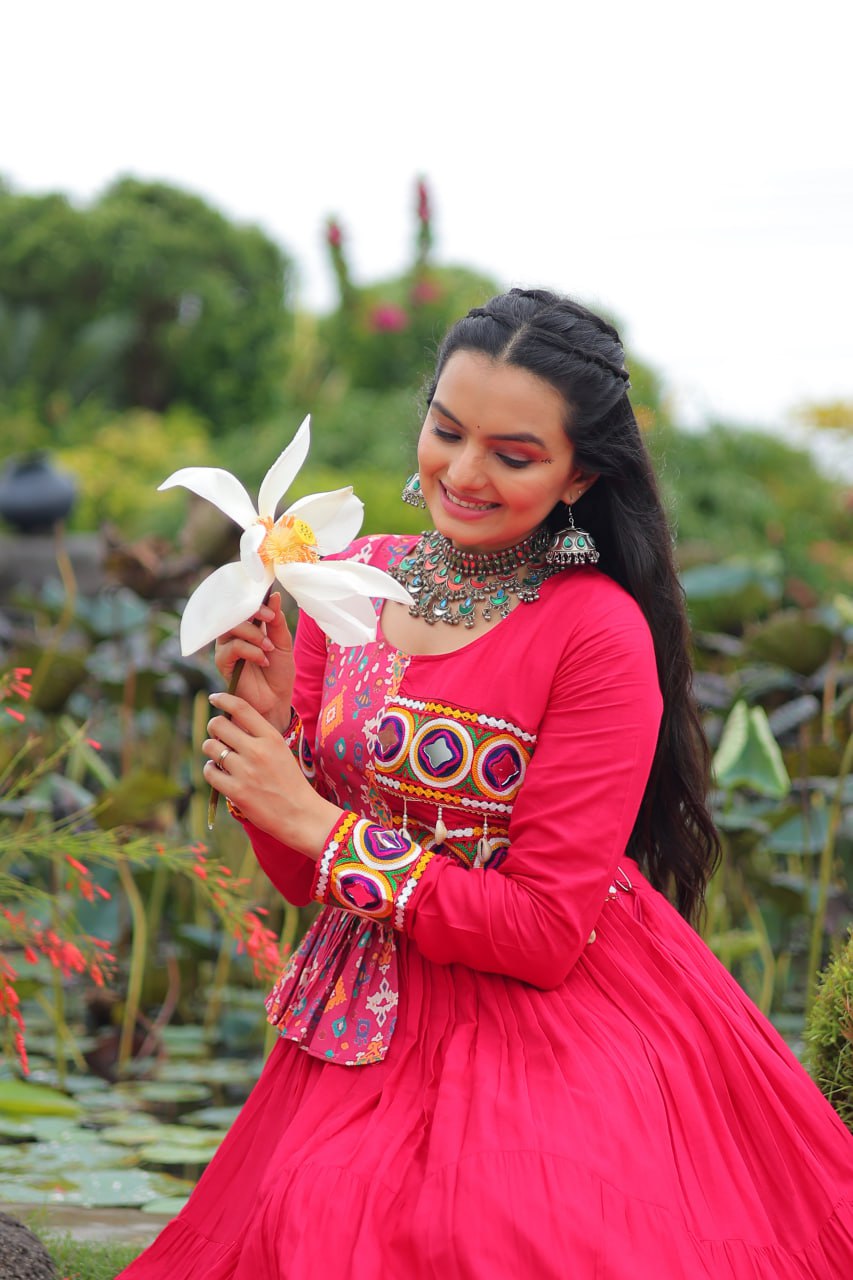 Pink Kutchi Gamthi Embroidered Rayon Frill Gown – 14 Kg Rayon, 12 Meter Flair, Fully Stitched with Cotton Lining