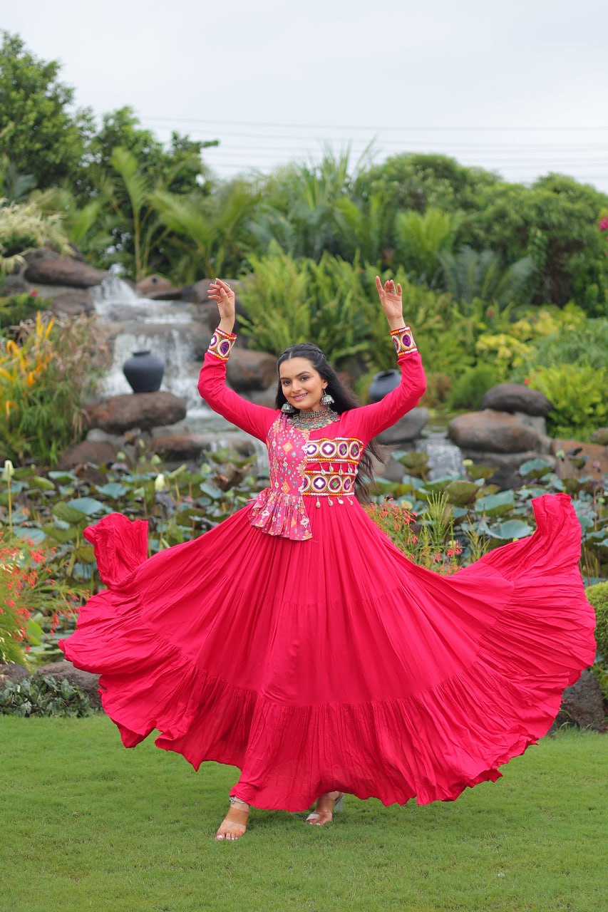 Pink Kutchi Gamthi Embroidered Rayon Frill Gown – 14 Kg Rayon, 12 Meter Flair, Fully Stitched with Cotton Lining