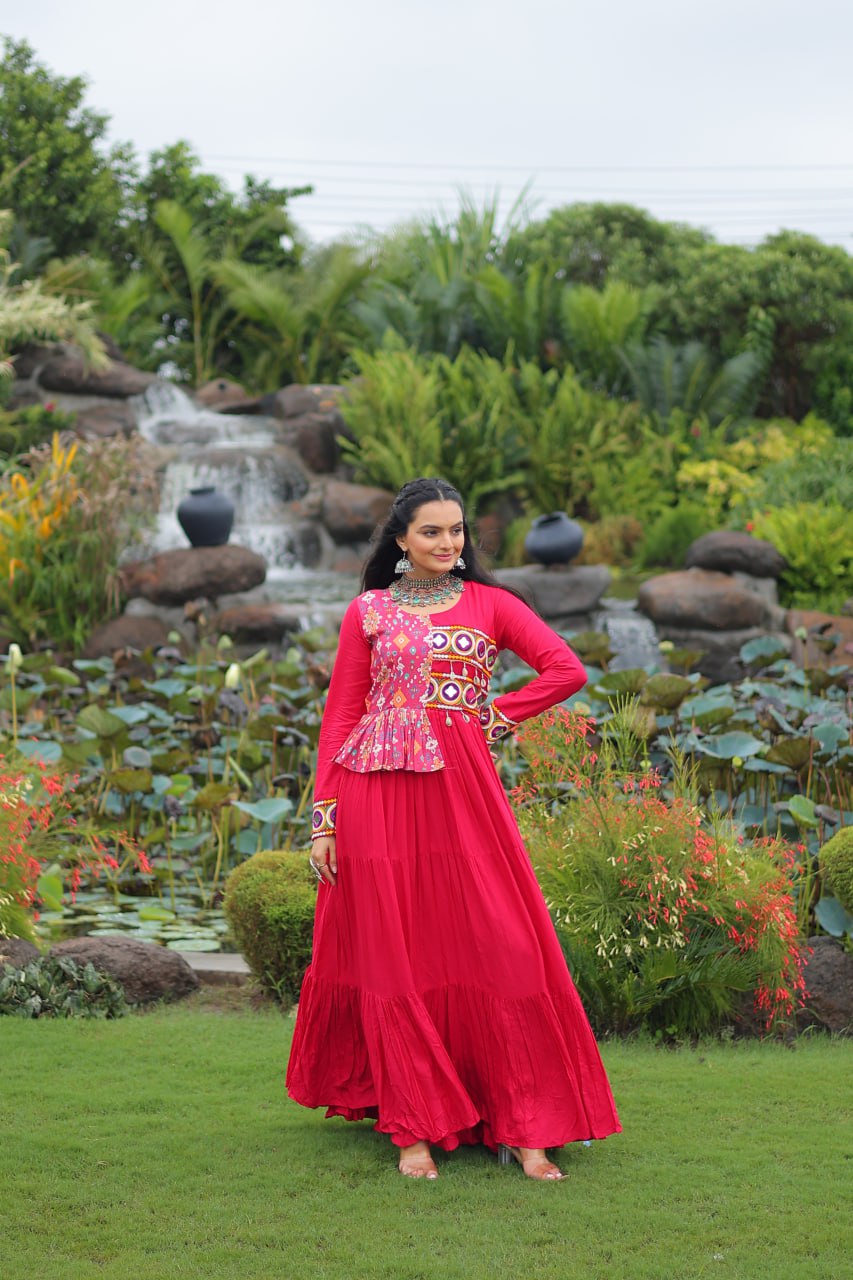 Pink Kutchi Gamthi Embroidered Rayon Frill Gown – 14 Kg Rayon, 12 Meter Flair, Fully Stitched with Cotton Lining