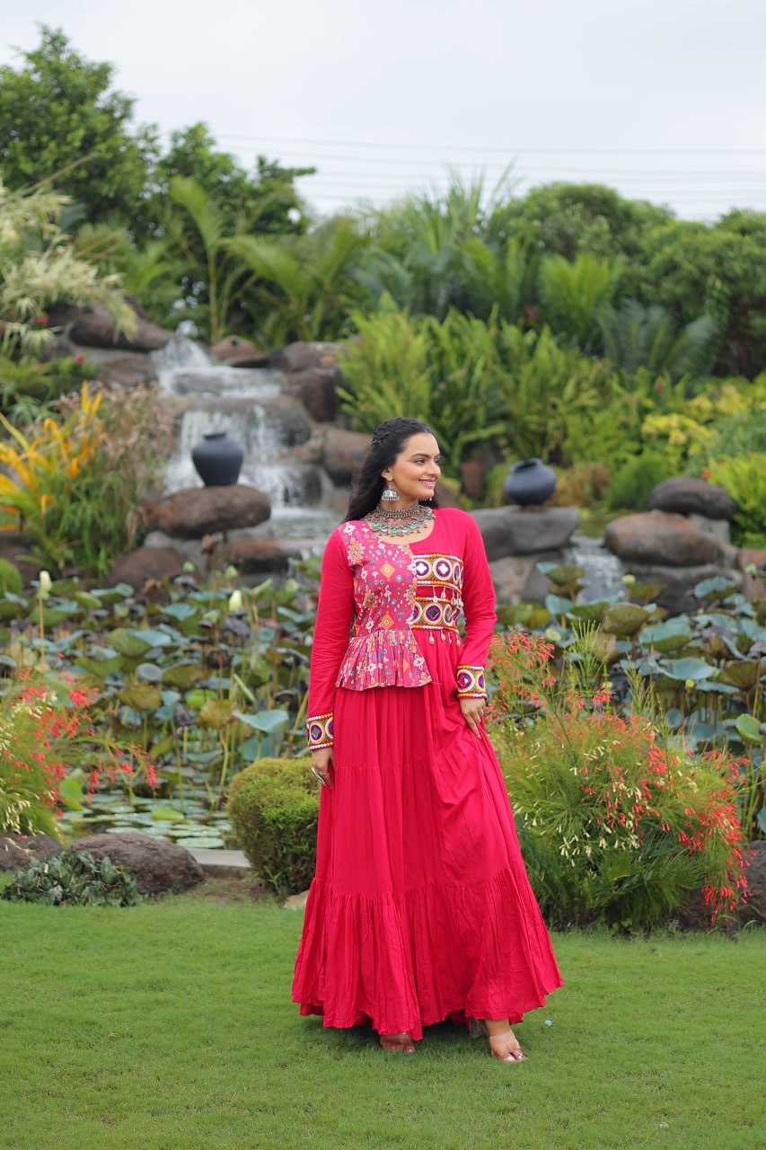Pink Kutchi Gamthi Embroidered Rayon Frill Gown – 14 Kg Rayon, 12 Meter Flair, Fully Stitched with Cotton Lining