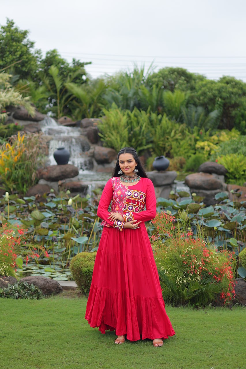 Pink Kutchi Gamthi Embroidered Rayon Frill Gown – 14 Kg Rayon, 12 Meter Flair, Fully Stitched with Cotton Lining