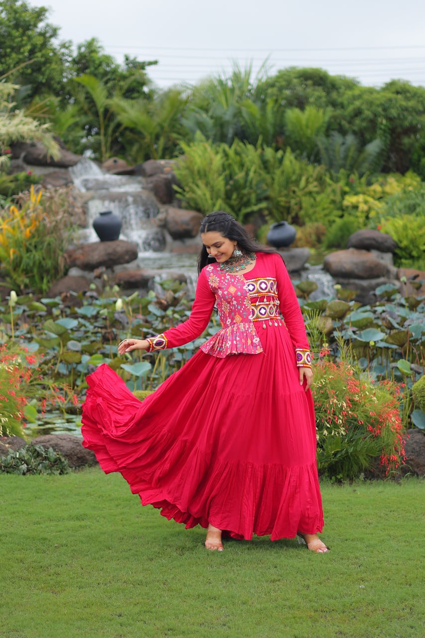 Pink Kutchi Gamthi Embroidered Rayon Frill Gown – 14 Kg Rayon, 12 Meter Flair, Fully Stitched with Cotton Lining
