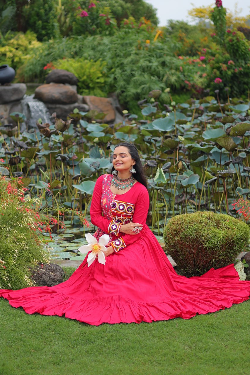 Pink Kutchi Gamthi Embroidered Rayon Frill Gown – 14 Kg Rayon, 12 Meter Flair, Fully Stitched with Cotton Lining