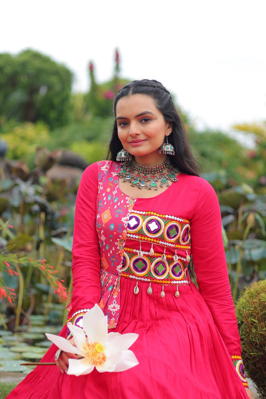 Pink Kutchi Gamthi Embroidered Rayon Frill Gown – 14 Kg Rayon, 12 Meter Flair, Fully Stitched with Cotton Lining