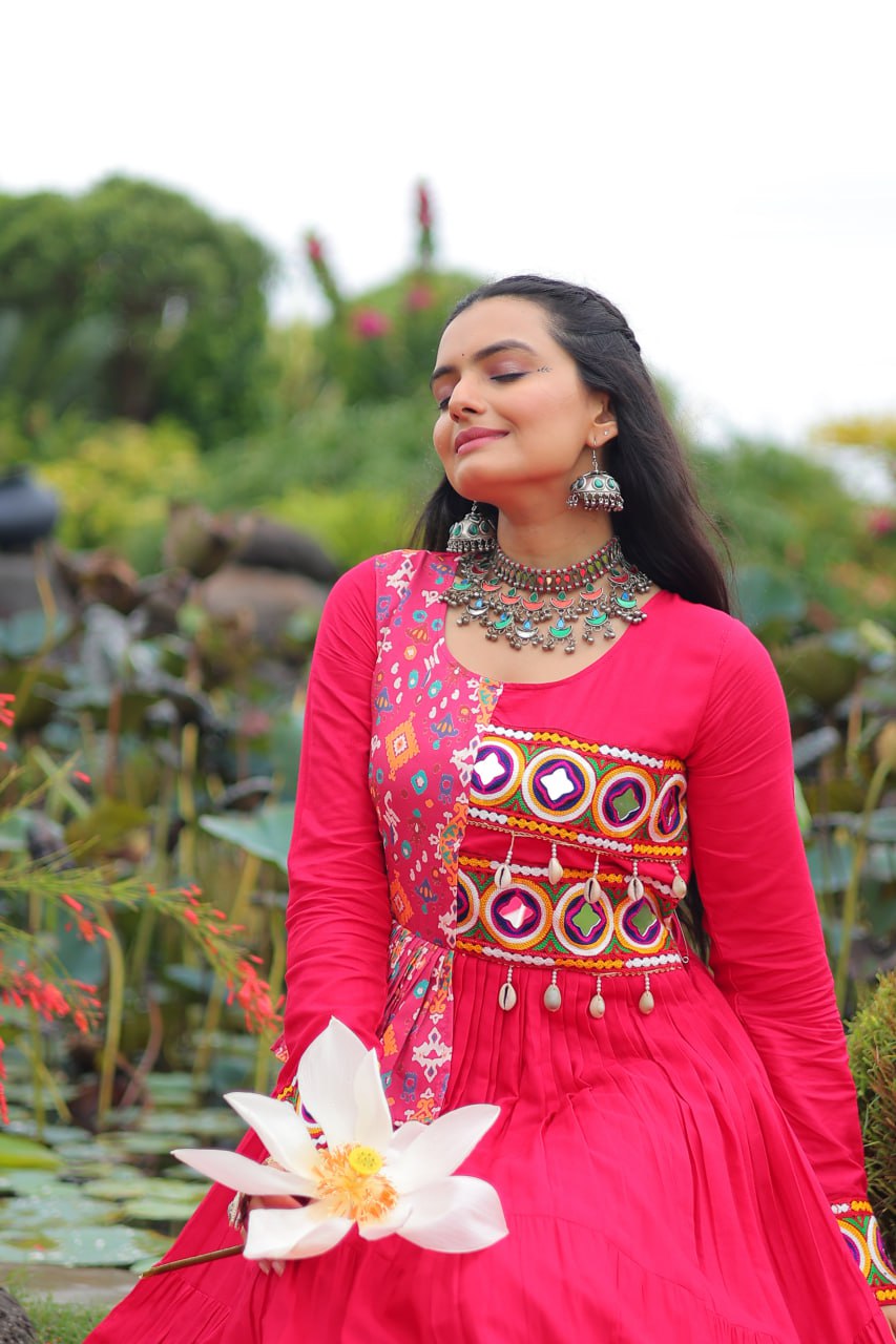 Pink Kutchi Gamthi Embroidered Rayon Frill Gown – 14 Kg Rayon, 12 Meter Flair, Fully Stitched with Cotton Lining