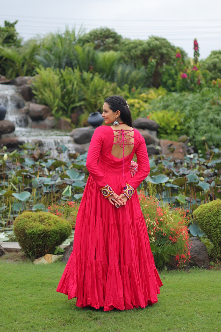 Pink Kutchi Gamthi Embroidered Rayon Frill Gown – 14 Kg Rayon, 12 Meter Flair, Fully Stitched with Cotton Lining