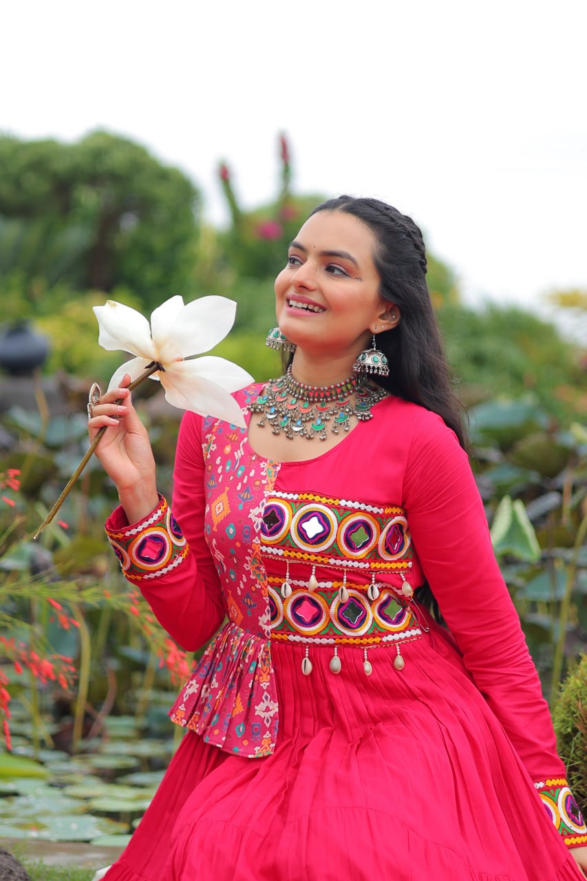 Pink Kutchi Gamthi Embroidered Rayon Frill Gown – 14 Kg Rayon, 12 Meter Flair, Fully Stitched with Cotton Lining