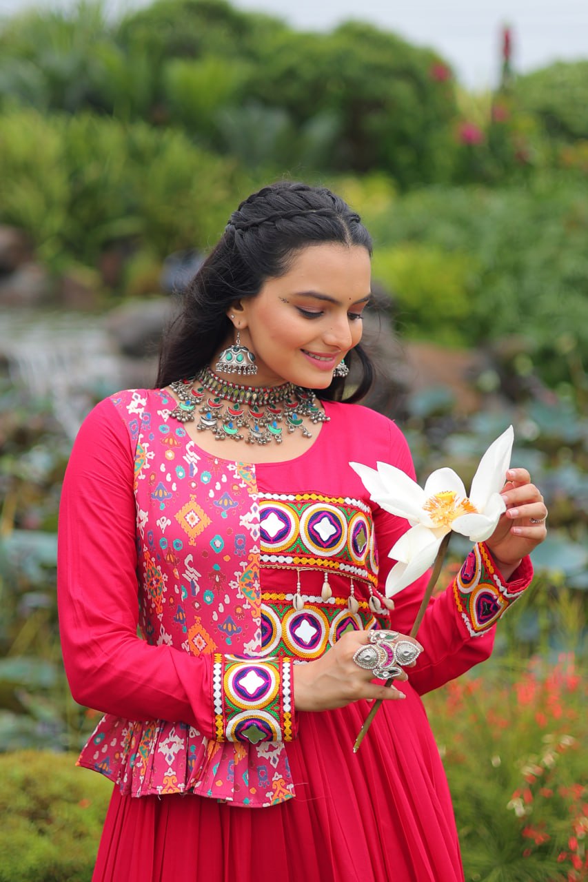 Pink Kutchi Gamthi Embroidered Rayon Frill Gown – 14 Kg Rayon, 12 Meter Flair, Fully Stitched with Cotton Lining