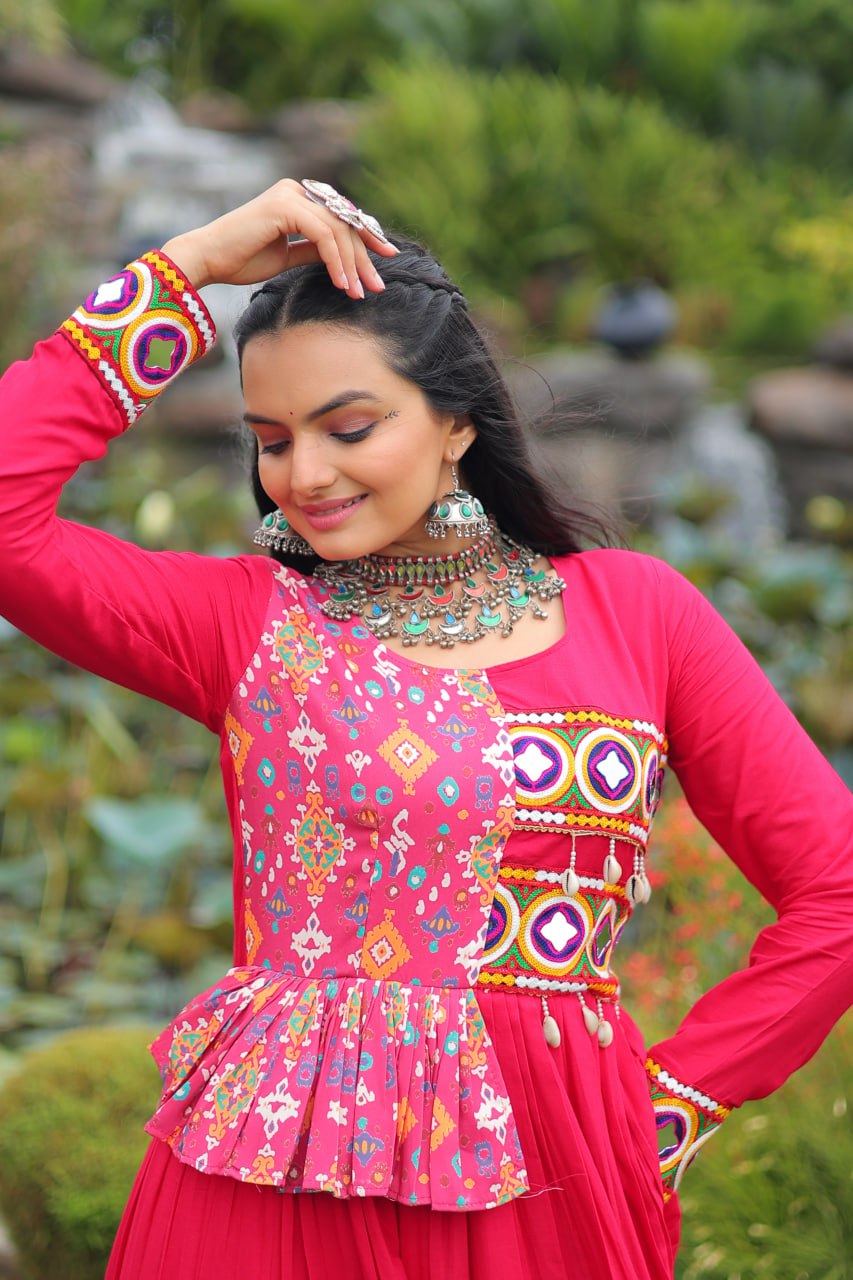 Pink Kutchi Gamthi Embroidered Rayon Frill Gown – 14 Kg Rayon, 12 Meter Flair, Fully Stitched with Cotton Lining