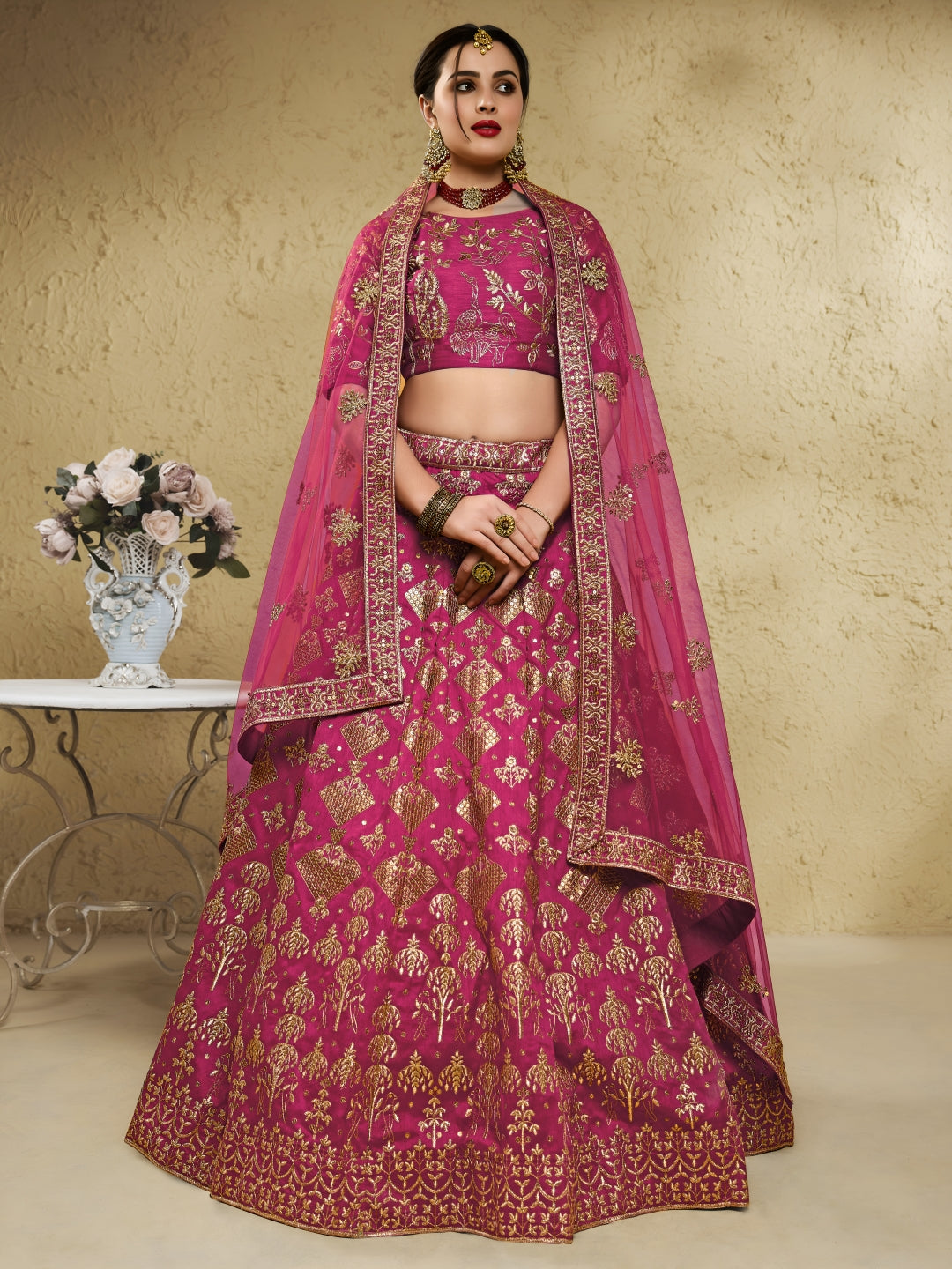 Pink Art Silk Lehenga Choli with Zari & Sequin Embroidery