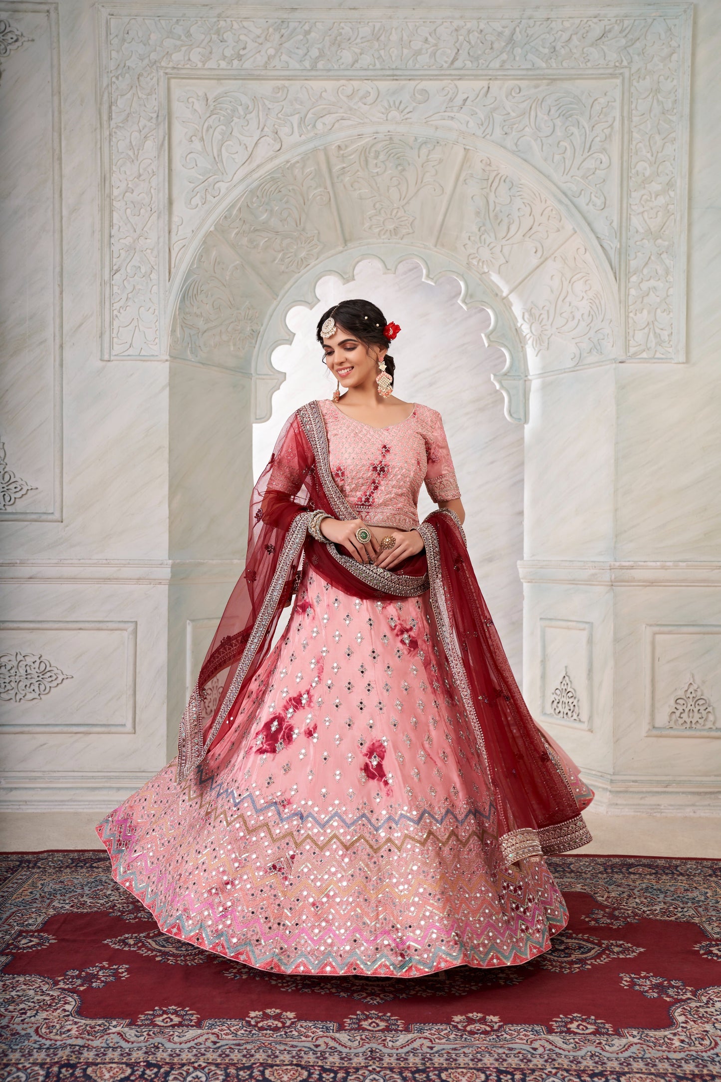 Designer Pink Lehenga Choli with Thread & Mirror Work