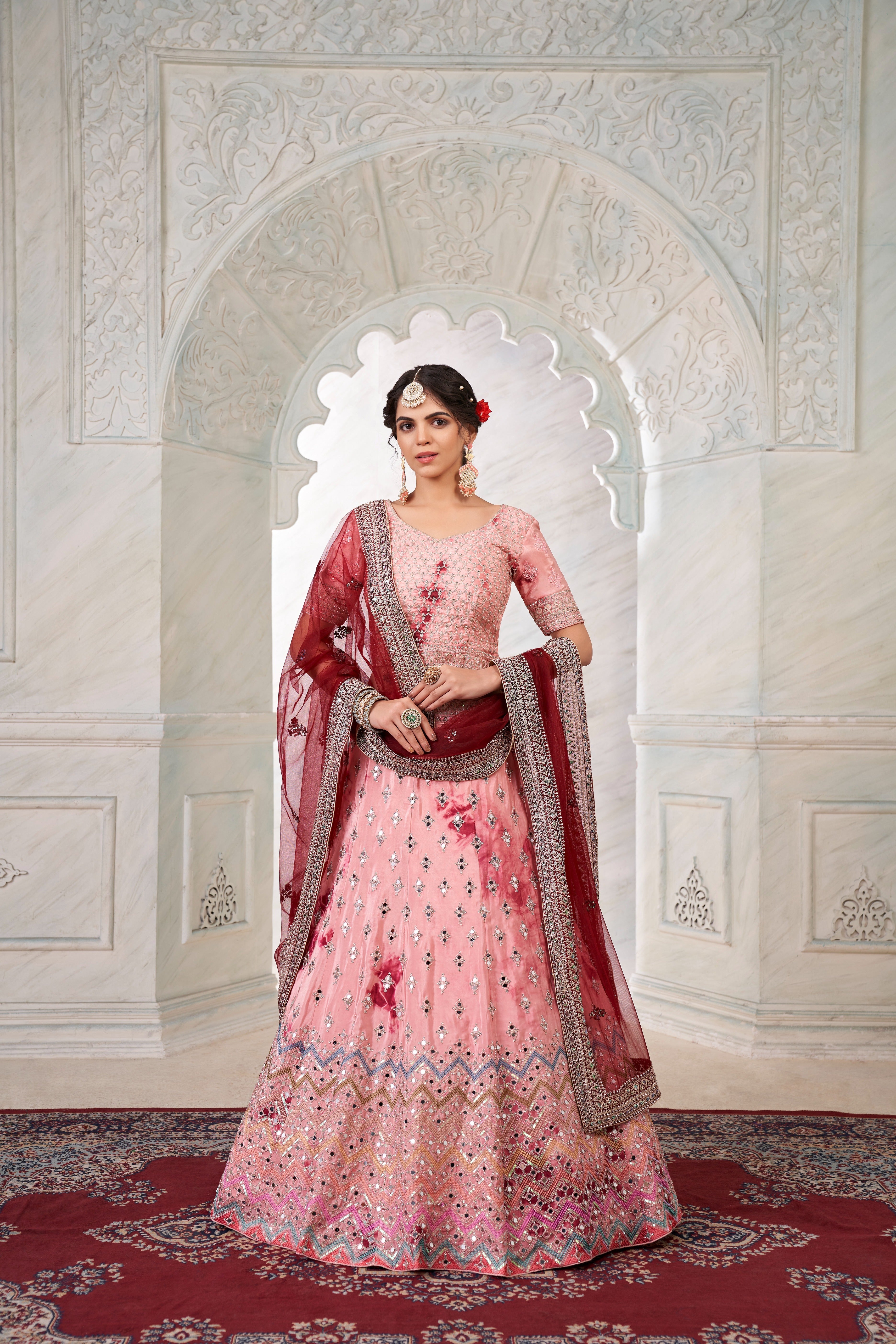 Designer Pink Lehenga Choli with Thread & Mirror Work