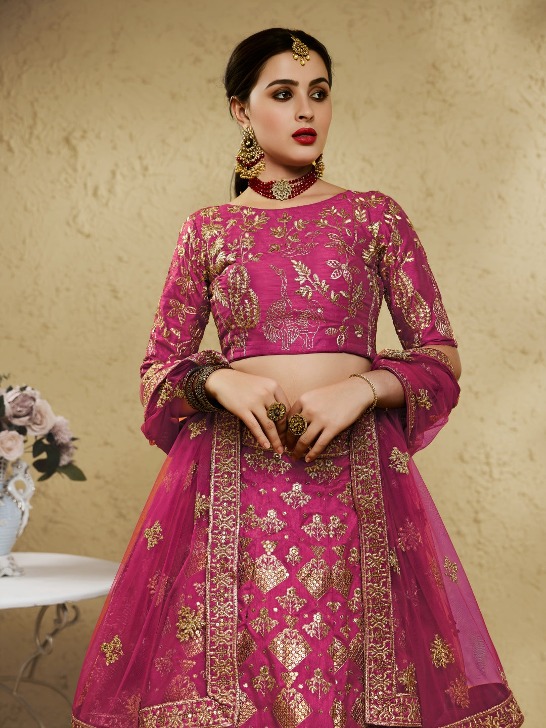 Pink Art Silk Lehenga Choli with Zari & Sequin Embroidery