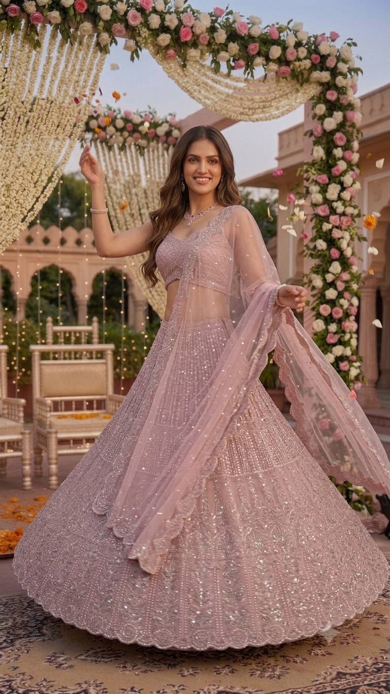 Pink Lehenga with Sequins, Resham Dori work