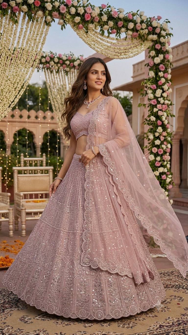 Pink Lehenga with Sequins, Resham Dori work