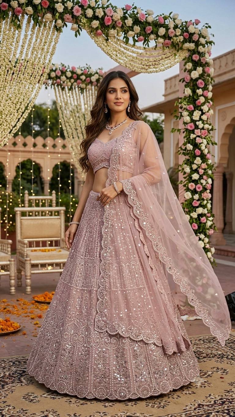 Pink Lehenga with Sequins, Resham Dori work