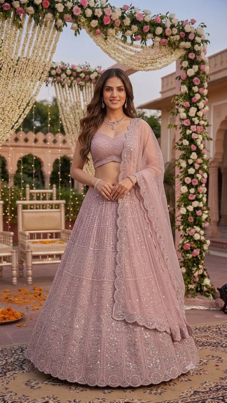 Pink Lehenga with Sequins, Resham Dori work