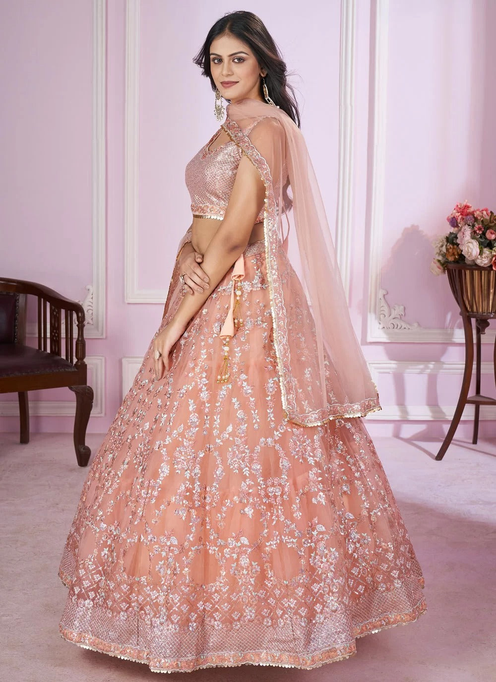 Pink soft net sangeet lehenga choli with sequins zari embroidery