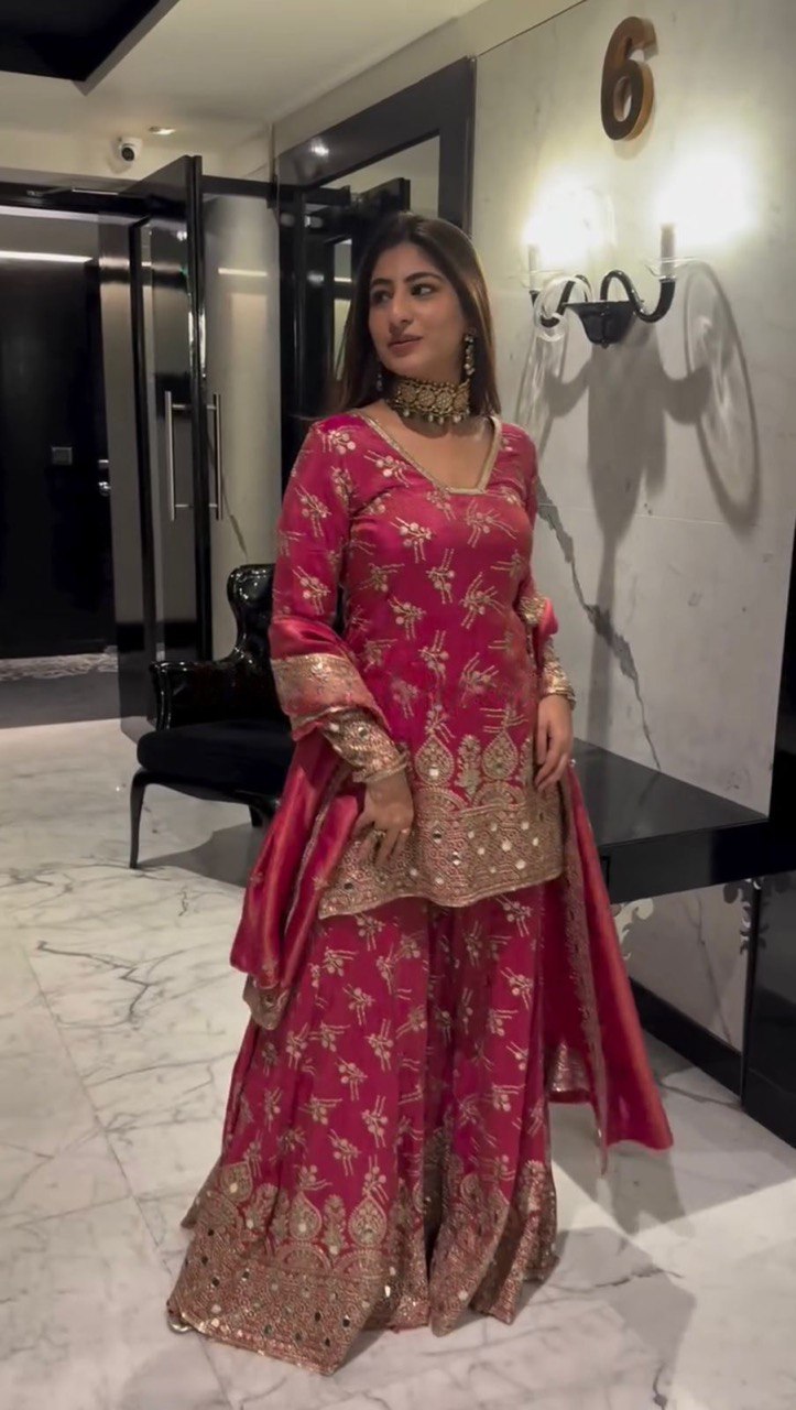 Pink Luxe Shimmer Silk Sharara Set with Real Mirror Work