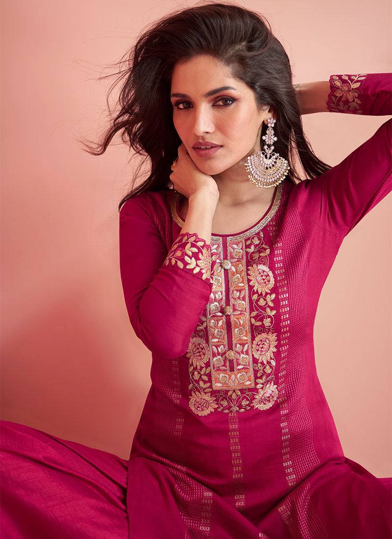 Pink Luxurious Embroidered Vichitra Silk Suit Set with Dupatta
