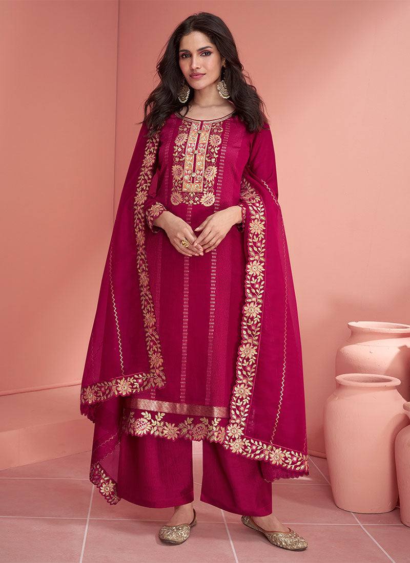 Pink Luxurious Embroidered Vichitra Silk Suit Set with Dupatta