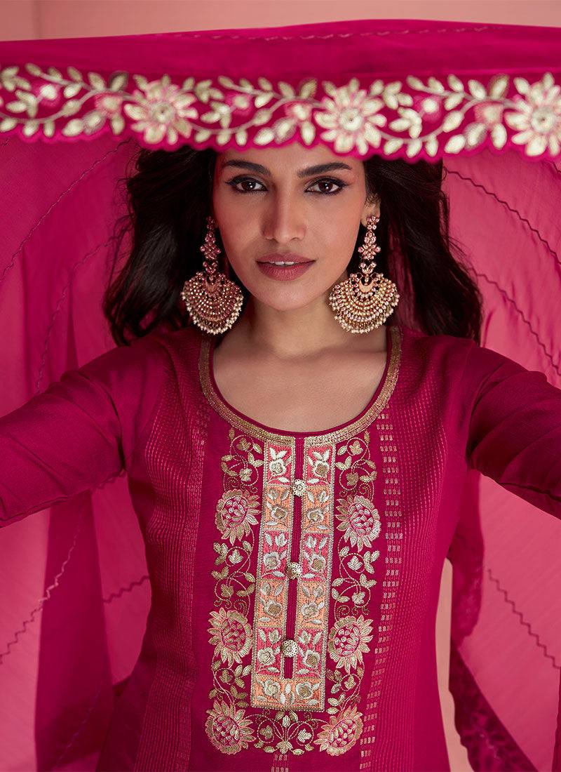 Pink Luxurious Embroidered Vichitra Silk Suit Set with Dupatta