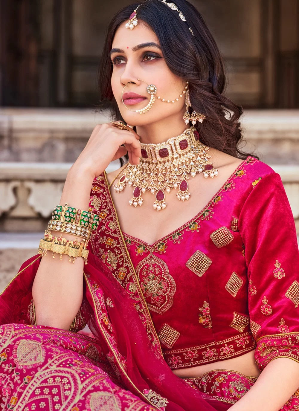 Pink luxurious velvet lehenga with dori zarkan work