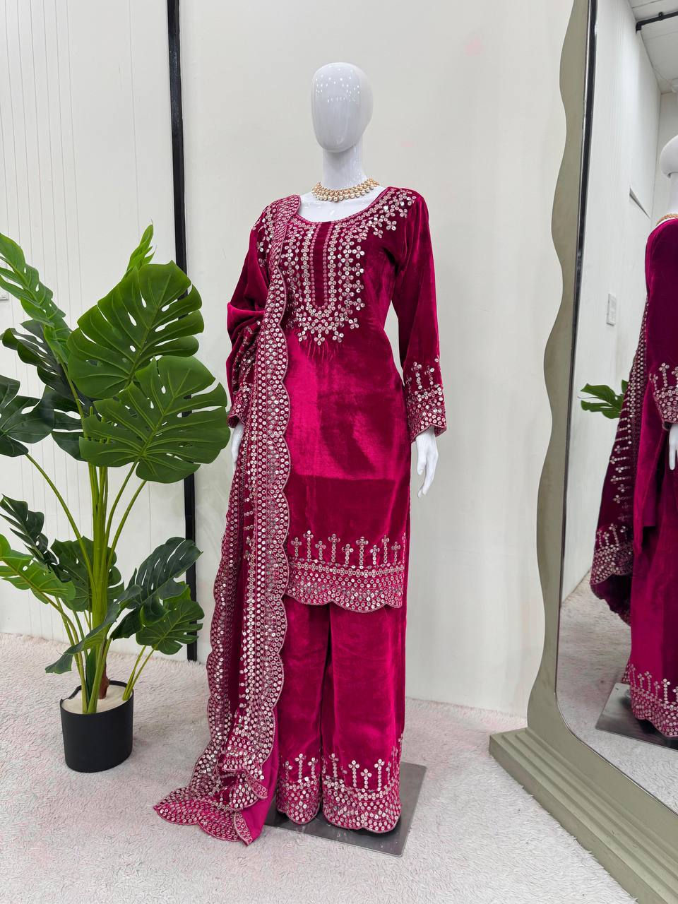 Pink Luxurious Viscose Velvet Plazo Set with Embroidered Dupatta