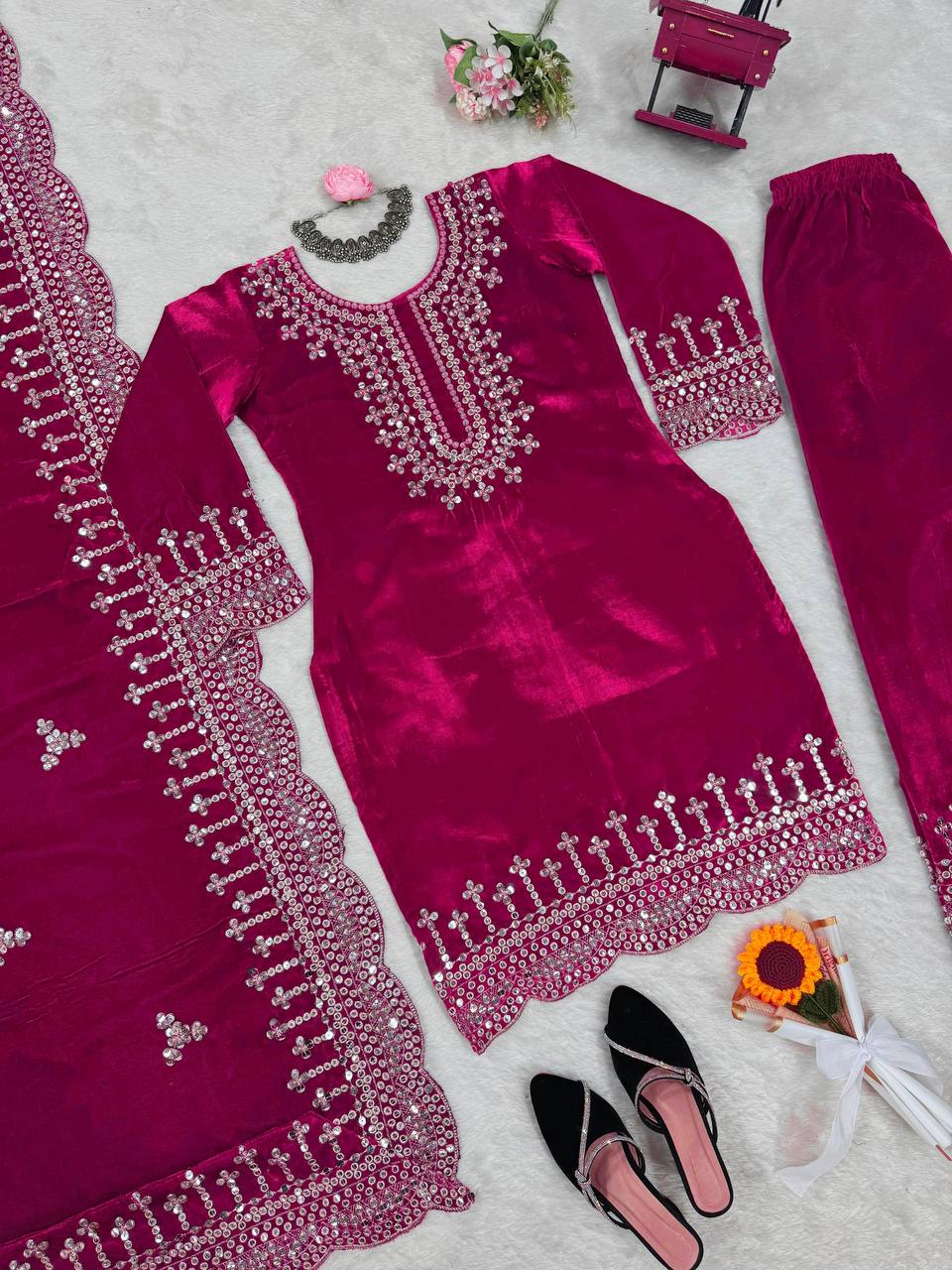 Pink Luxurious Viscose Velvet Plazo Set with Embroidered Dupatta