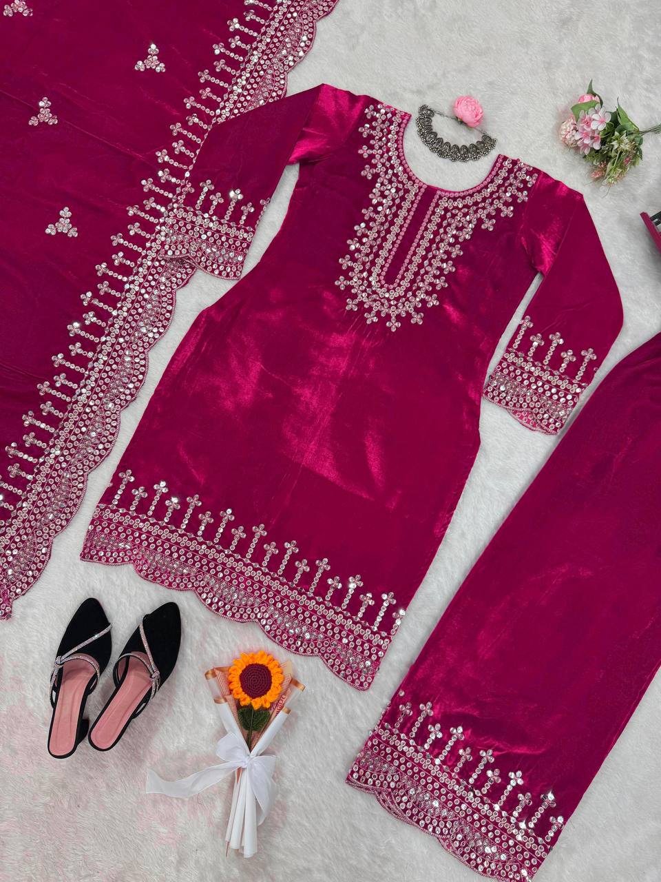 Pink Luxurious Viscose Velvet Plazo Set with Embroidered Dupatta