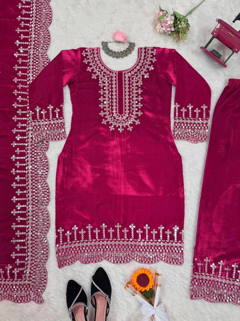 Pink Luxurious Viscose Velvet Plazo Set with Embroidered Dupatta
