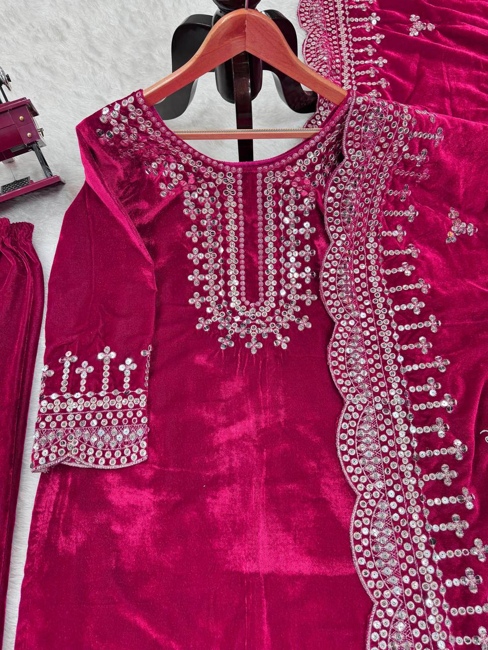 Pink Luxurious Viscose Velvet Plazo Set with Embroidered Dupatta