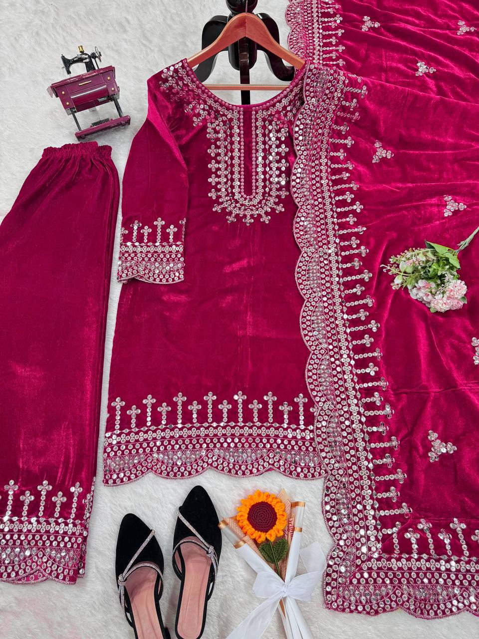 Pink Luxurious Viscose Velvet Plazo Set with Embroidered Dupatta