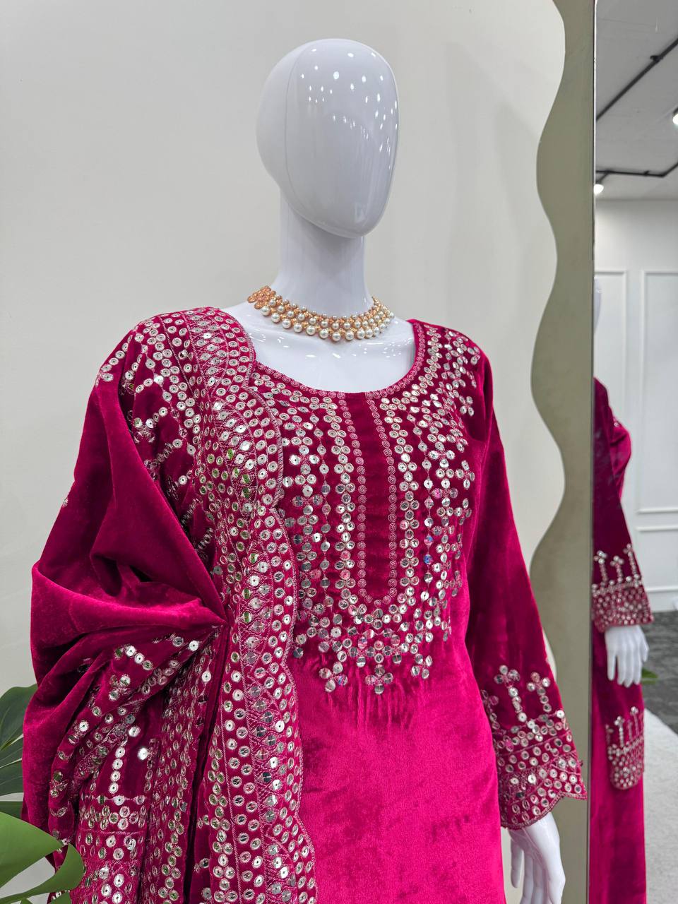 Pink Luxurious Viscose Velvet Plazo Set with Embroidered Dupatta