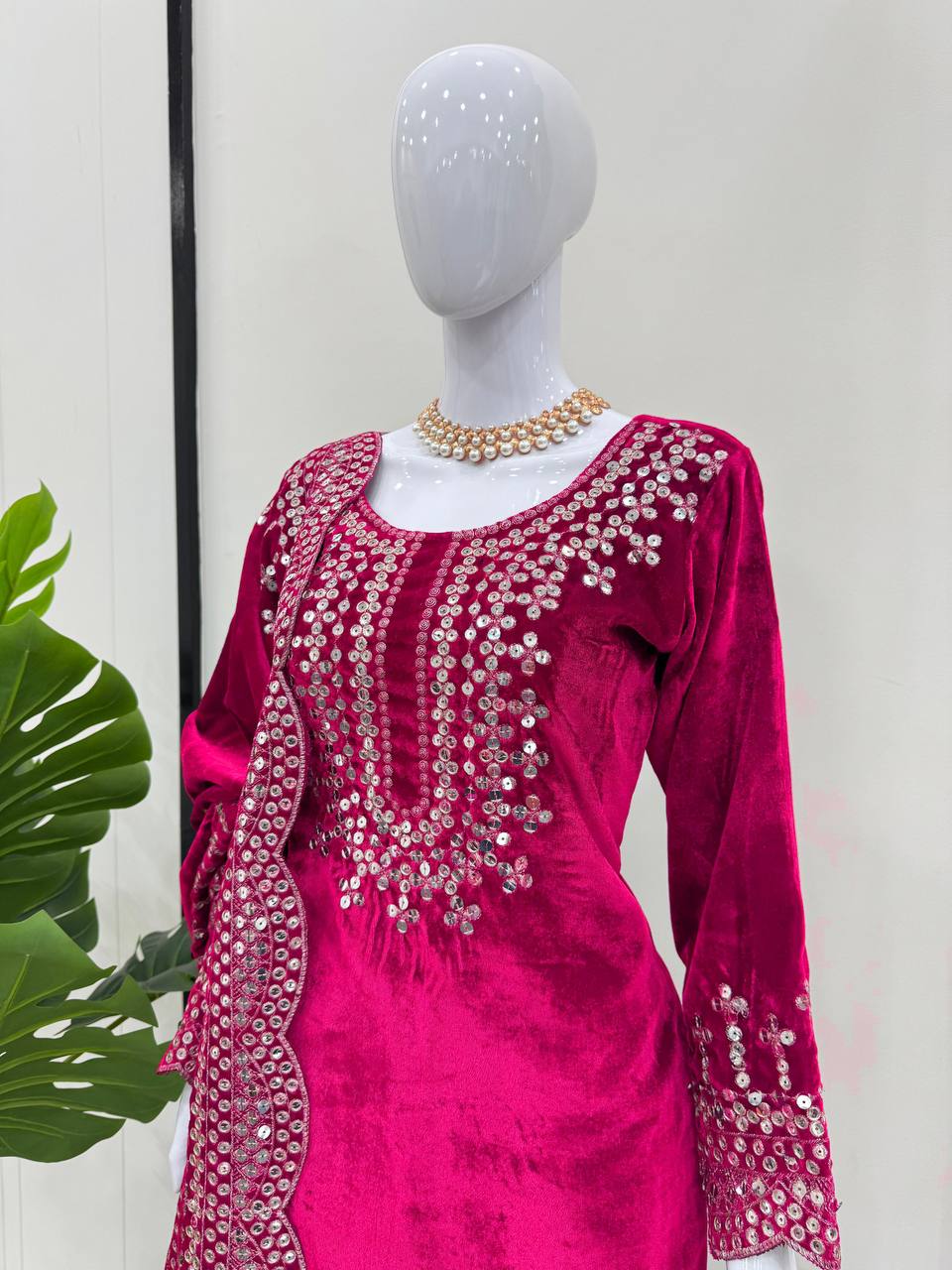 Pink Luxurious Viscose Velvet Plazo Set with Embroidered Dupatta