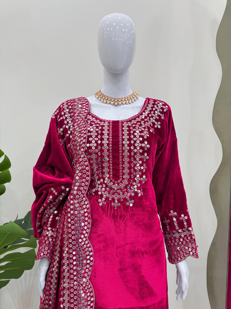 Pink Luxurious Viscose Velvet Plazo Set with Embroidered Dupatta