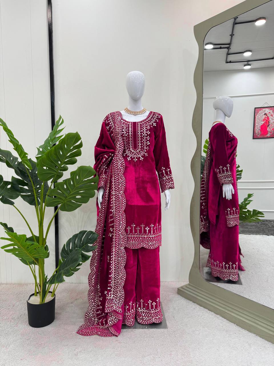 Pink Luxurious Viscose Velvet Plazo Set with Embroidered Dupatta