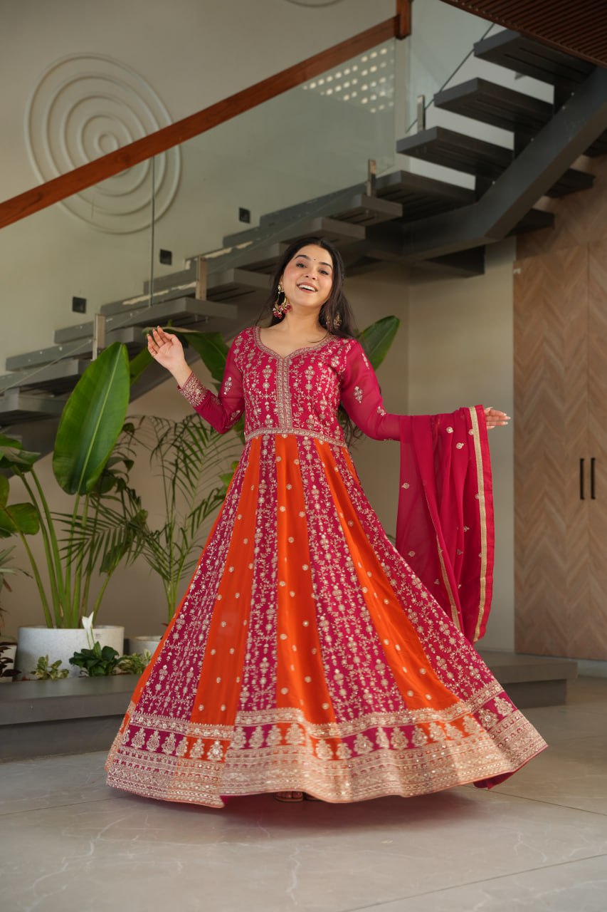 Pink Luxury Faux Blooming Gown Set with Zari & Sequins Embroidery – Kali Cut Design