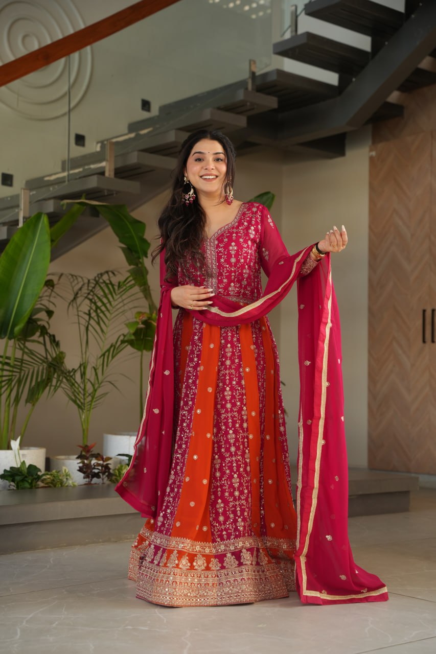 Pink Luxury Faux Blooming Gown Set with Zari & Sequins Embroidery – Kali Cut Design