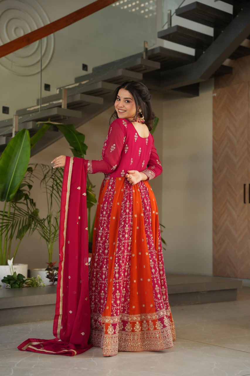 Pink Luxury Faux Blooming Gown Set with Zari & Sequins Embroidery – Kali Cut Design